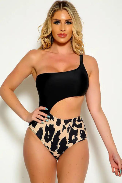Leopard One Shoulder Sleeveless Cut Out One Piece Swimsuit - AMIClubwear