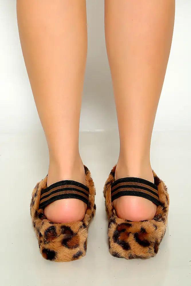 Leopard Open Toe Faux Fur Back Strap Comfy Slipper - AMIClubwear