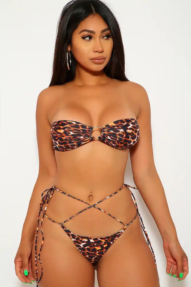 Leopard Print Bandeau O-Ring Strappy Two Piece Swimsuit - AMIClubwear