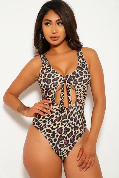 Leopard Print Cut Out Cheeky One Piece Swimsuit - AMIClubwear