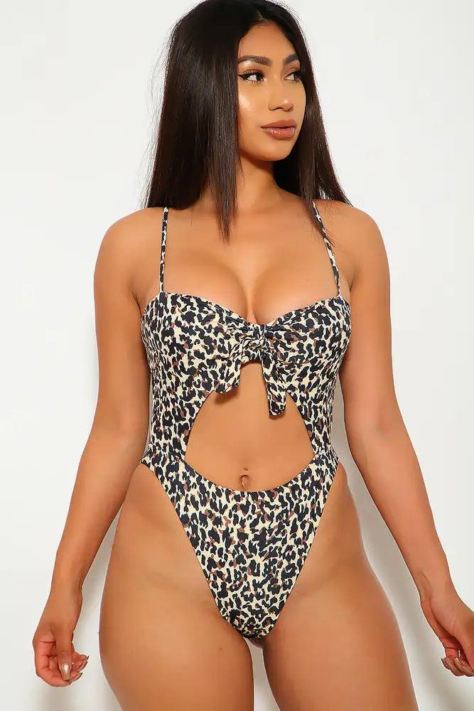 Leopard Print Cut Out One Piece Swimsuit - AMIClubwear