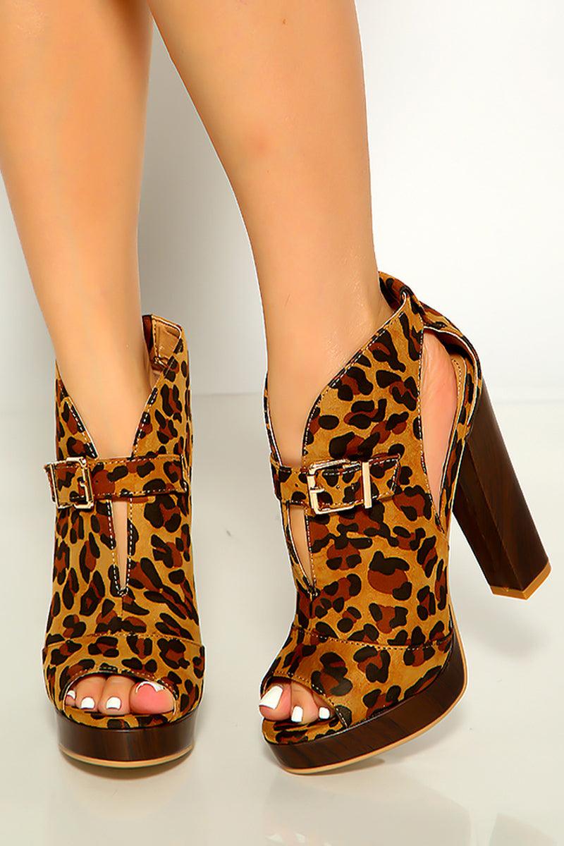 Leopard Print Faux Suede Peep Toe Buckle Platform Booties - AMIClubwear