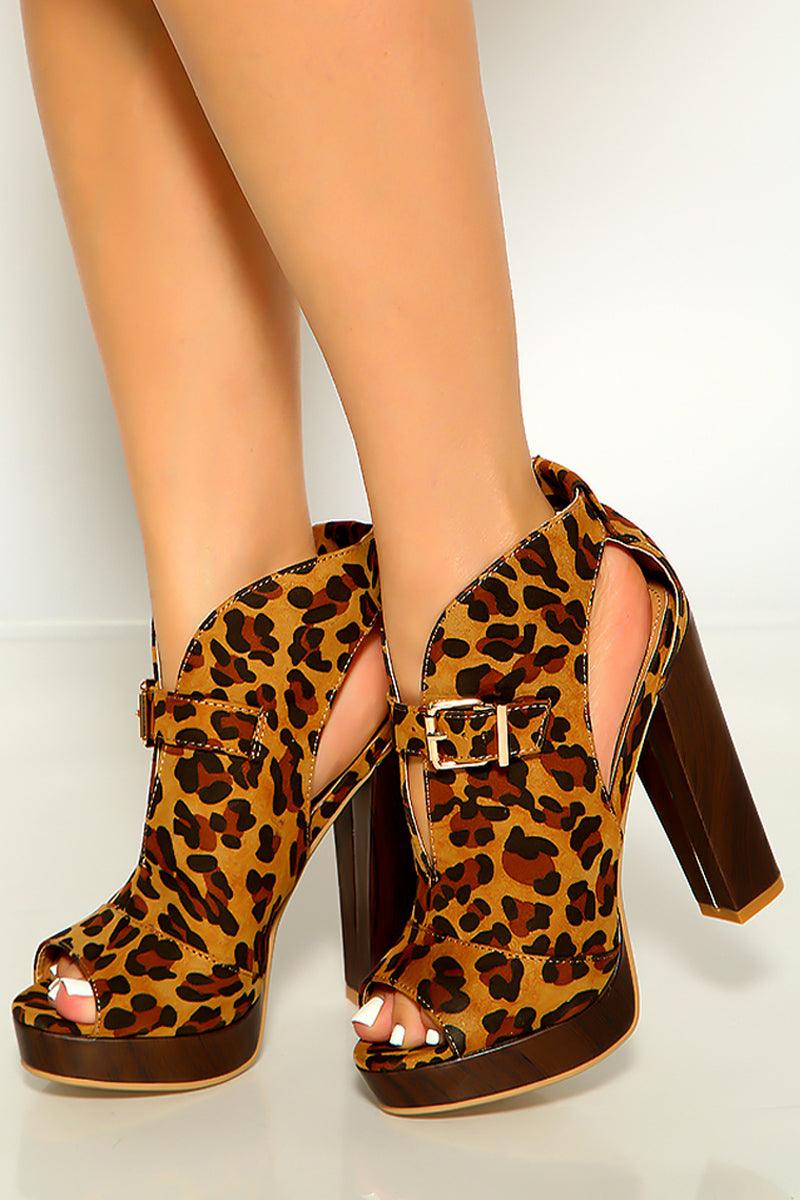 Leopard Print Faux Suede Peep Toe Buckle Platform Booties - AMIClubwear