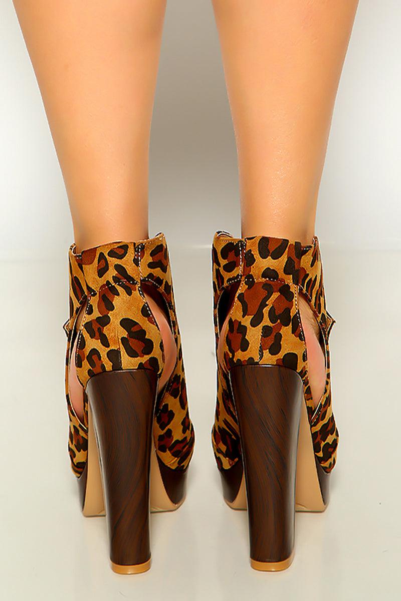 Leopard Print Faux Suede Peep Toe Buckle Platform Booties - AMIClubwear