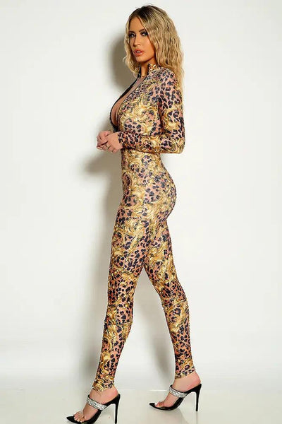 Leopard Print Gold Detail Long Sleeve Textured Fitted Jumpsuit - AMIClubwear