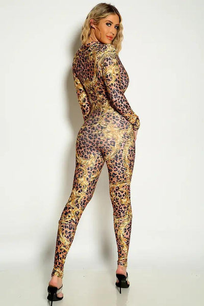 Leopard Print Gold Detail Long Sleeve Textured Fitted Jumpsuit - AMIClubwear