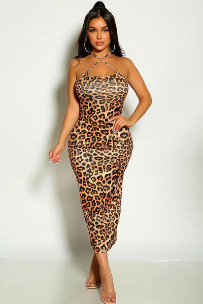 Leopard Print Halter Cross Strap Midi Dress - AMIClubwear