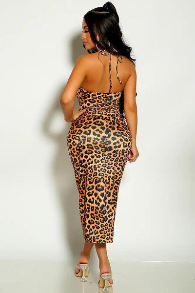 Leopard Print Halter Cross Strap Midi Dress - AMIClubwear