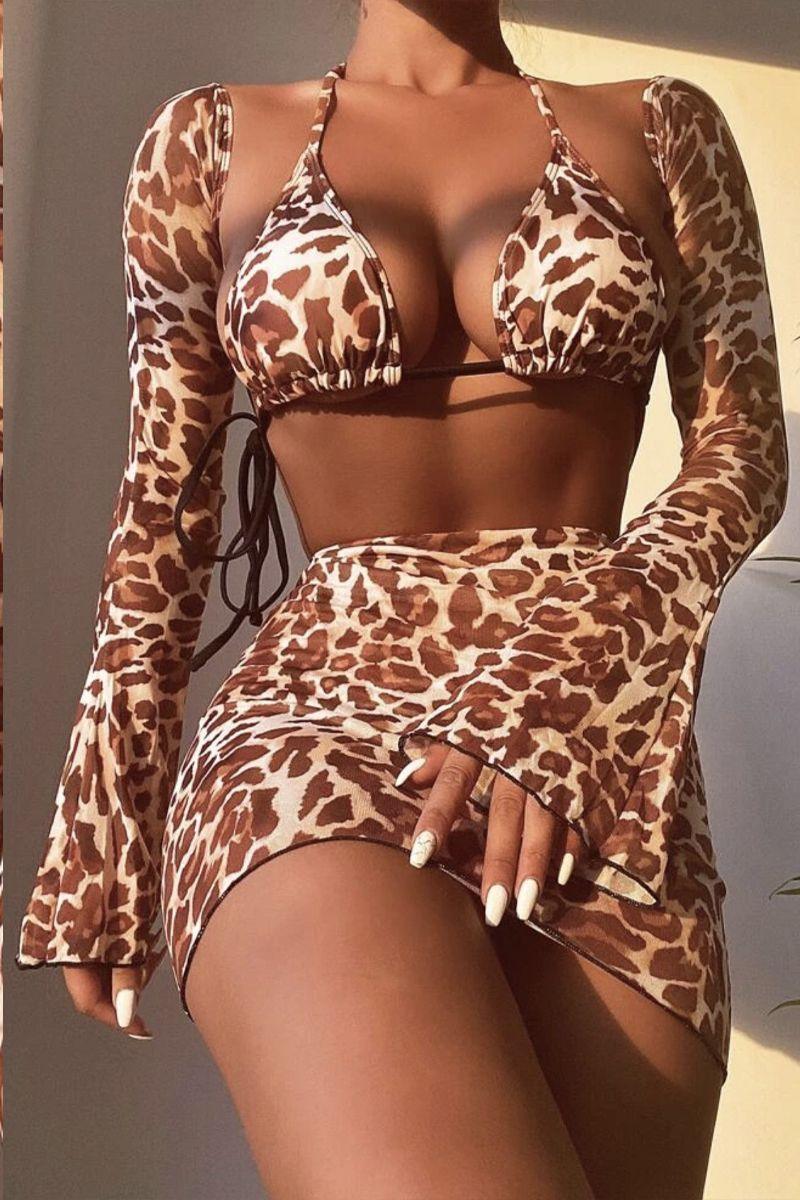 Leopard Print Halter Triangle Sleeves Cheeky Four Piece Swimsuit - AMIClubwear