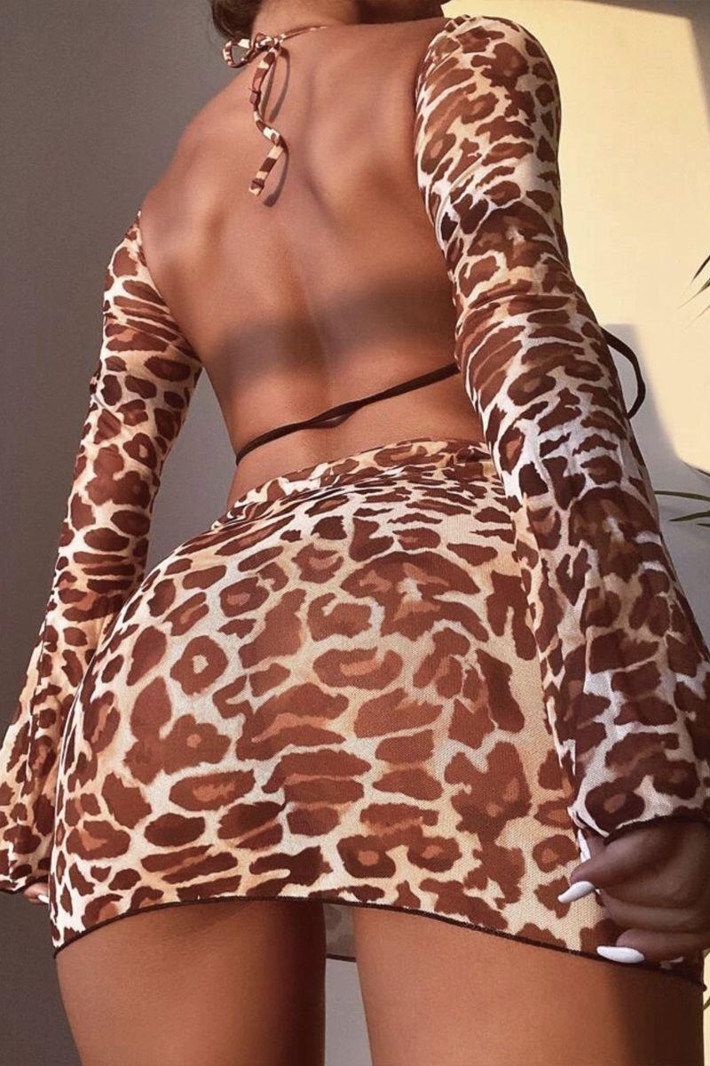 Leopard Print Halter Triangle Sleeves Cheeky Four Piece Swimsuit - AMIClubwear
