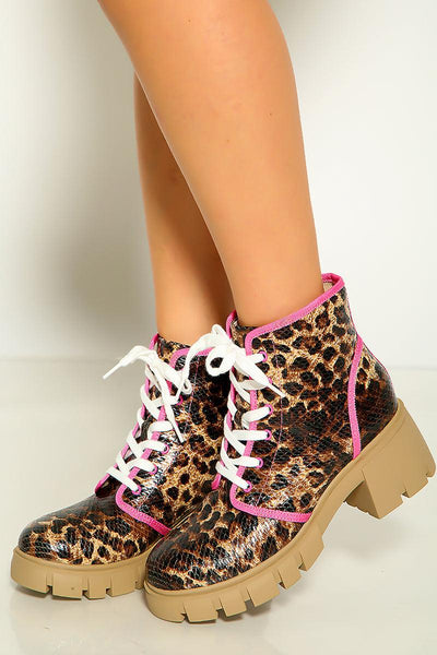 Leopard Print Lace Up Ankle Booties - AMIClubwear