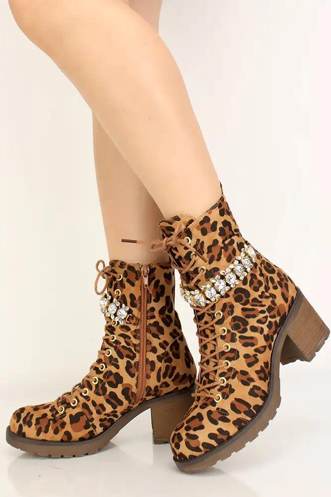 Leopard Print Lace Up Rhinestone Accent Booties - AMIClubwear