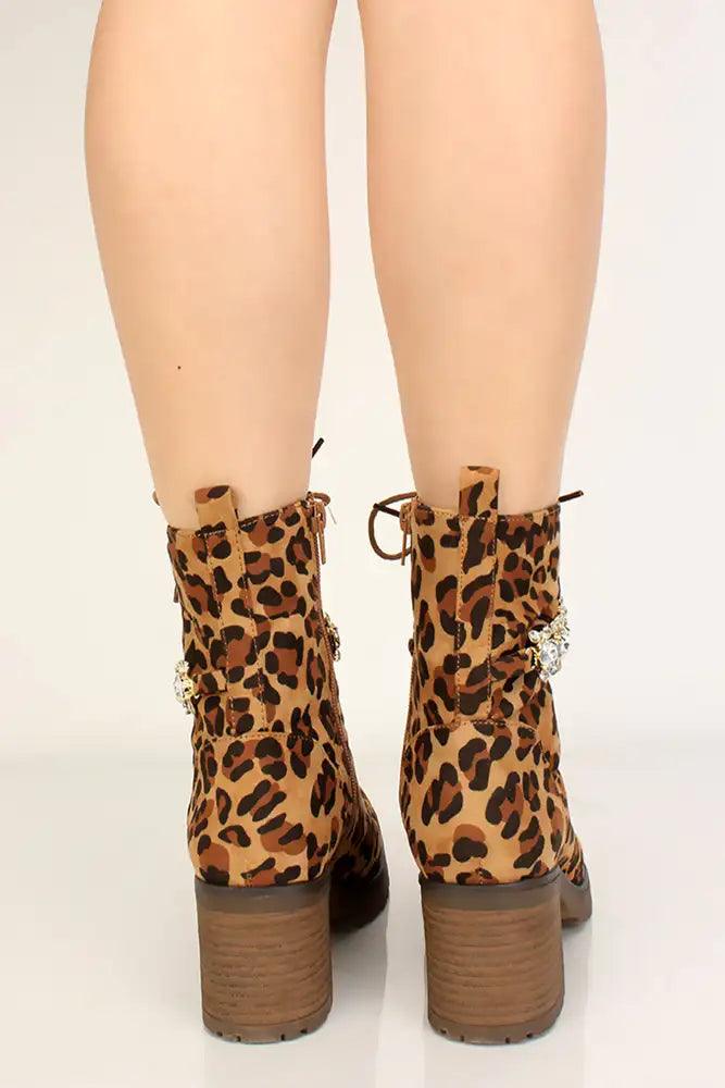 Leopard Print Lace Up Rhinestone Accent Booties - AMIClubwear