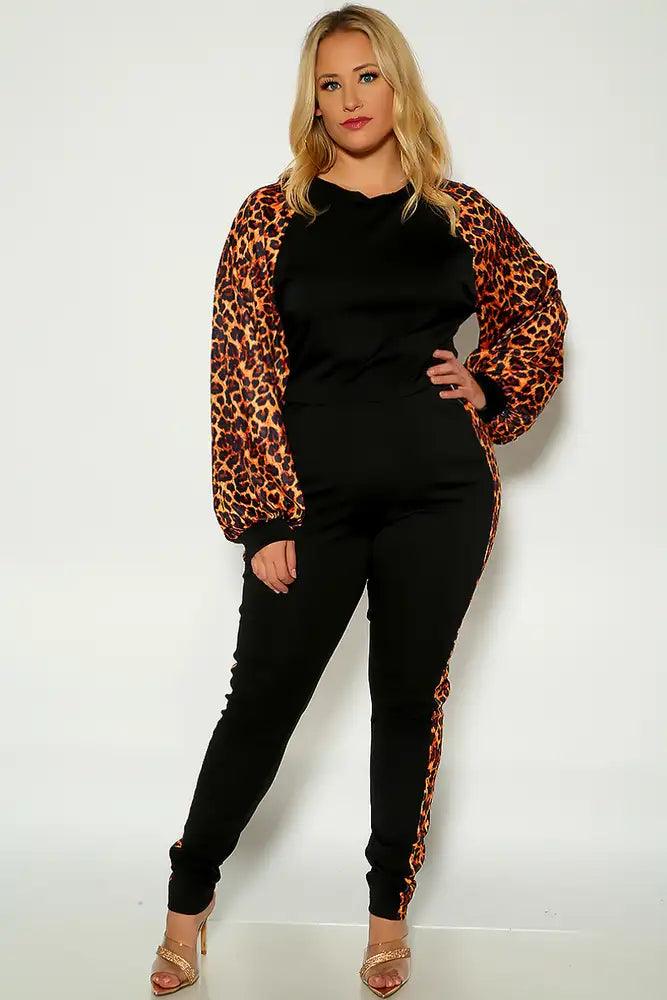 Leopard Print Long Sleeve Plus Size Two Piece Outfit - AMIClubwear