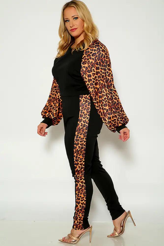 Leopard Print Long Sleeve Plus Size Two Piece Outfit - AMIClubwear