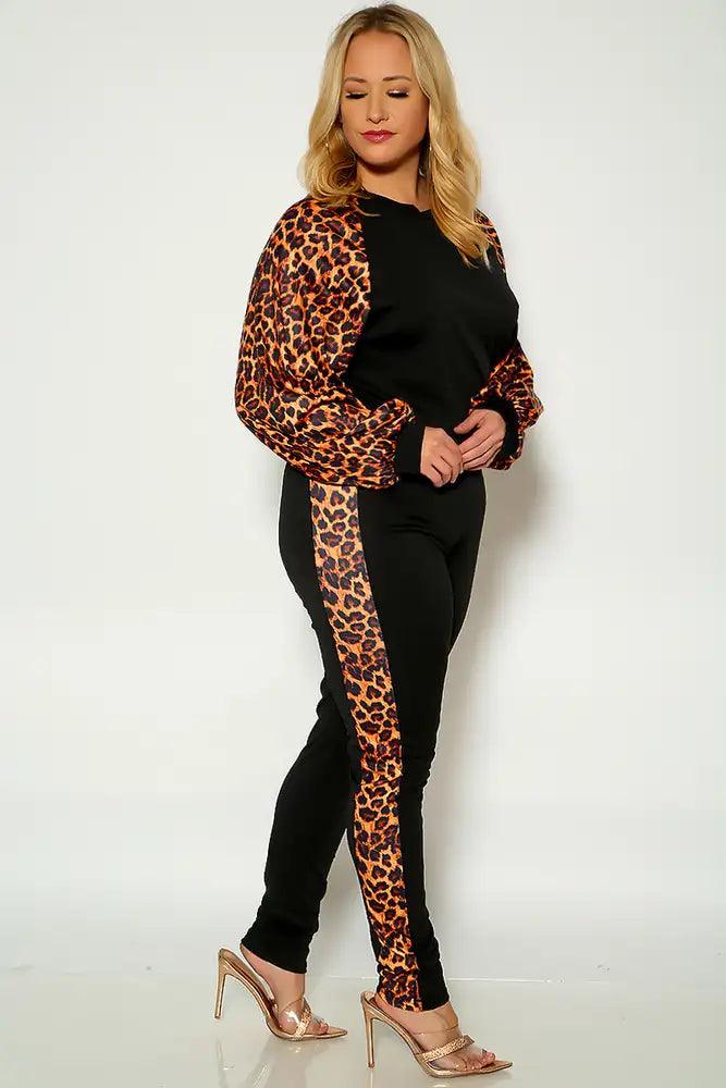 Leopard Print Long Sleeve Plus Size Two Piece Outfit - AMIClubwear