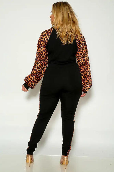 Leopard Print Long Sleeve Plus Size Two Piece Outfit - AMIClubwear