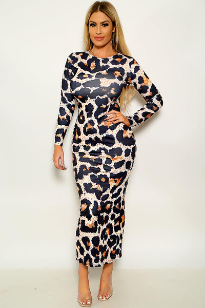 Leopard Print Long Sleeve Sexy Maxi Party Dress - AMIClubwear