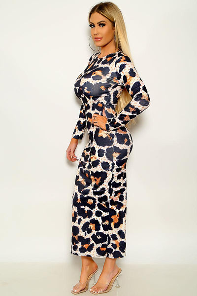 Leopard Print Long Sleeve Sexy Maxi Party Dress - AMIClubwear