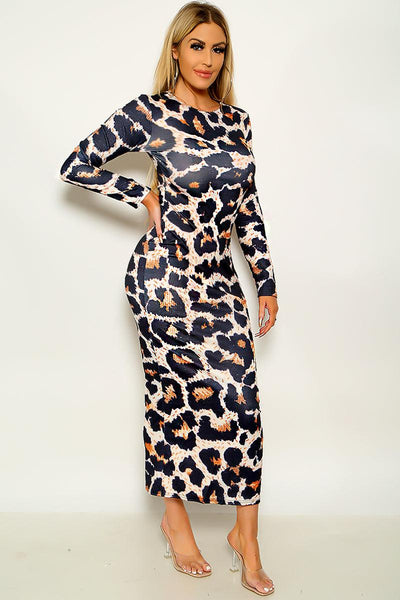 Leopard Print Long Sleeve Sexy Maxi Party Dress - AMIClubwear