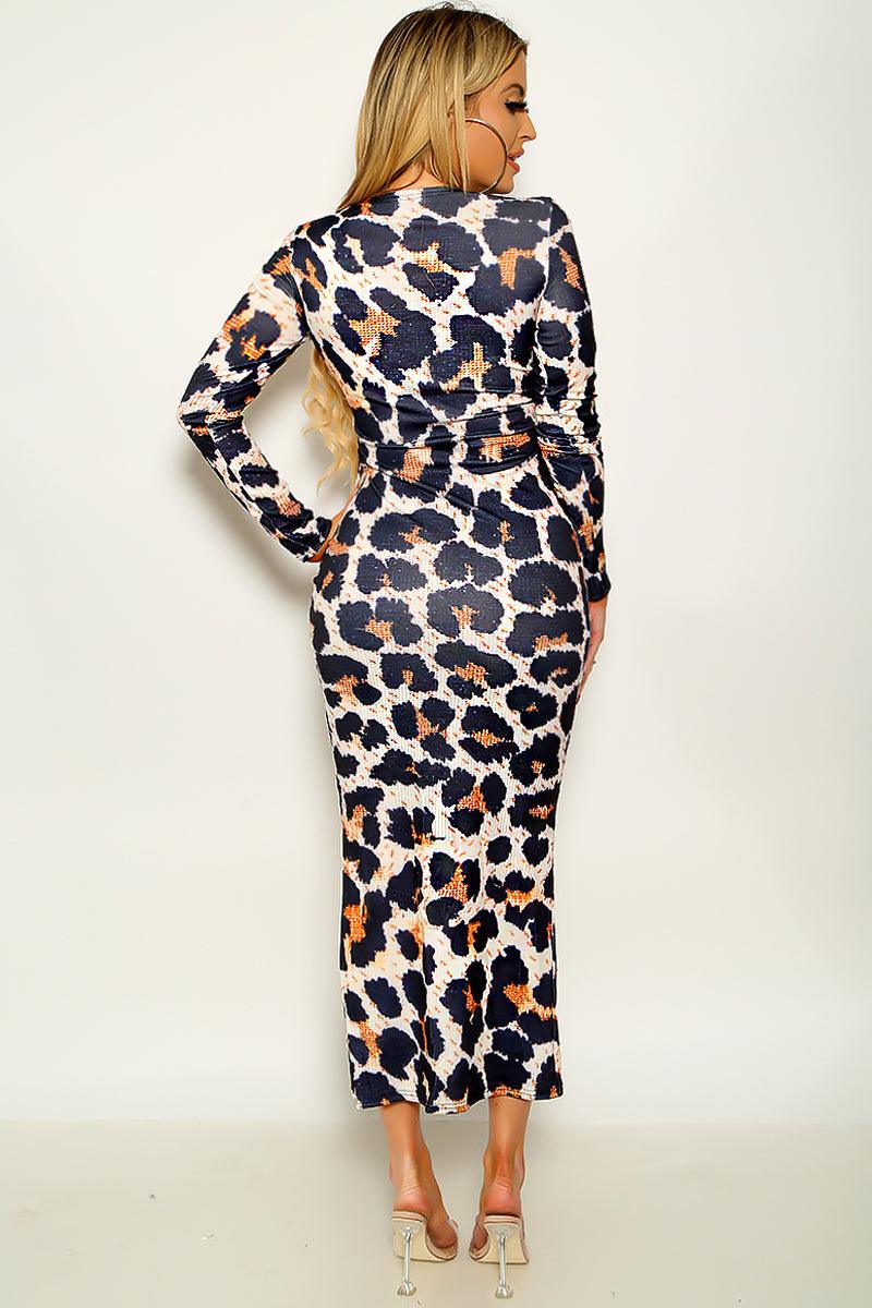 Leopard Print Long Sleeve Sexy Maxi Party Dress - AMIClubwear