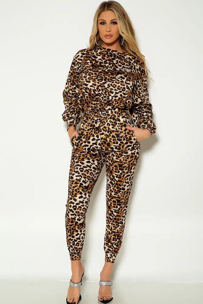 Leopard Print Long Sleeve Two Piece Outfit - AMIClubwear