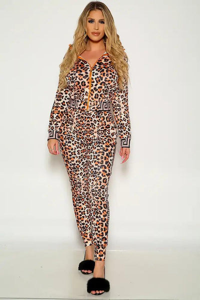 Leopard Print Long sleeve Zip Up Two Piece Outfit - AMIClubwear