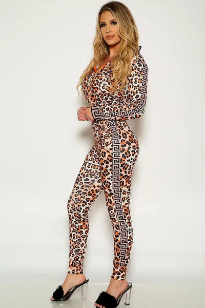 Leopard Print Long sleeve Zip Up Two Piece Outfit - AMIClubwear