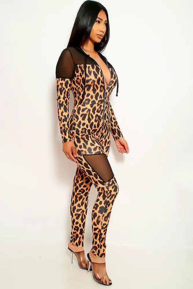 Leopard Print Long Sleeves Jumpsuit - AMIClubwear