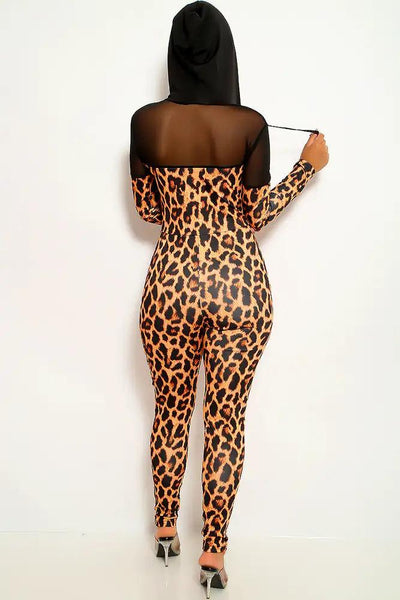 Leopard Print Long Sleeves Jumpsuit - AMIClubwear