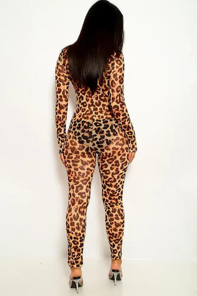 Leopard Print Long Sleeves Mesh Jumpsuit - AMIClubwear