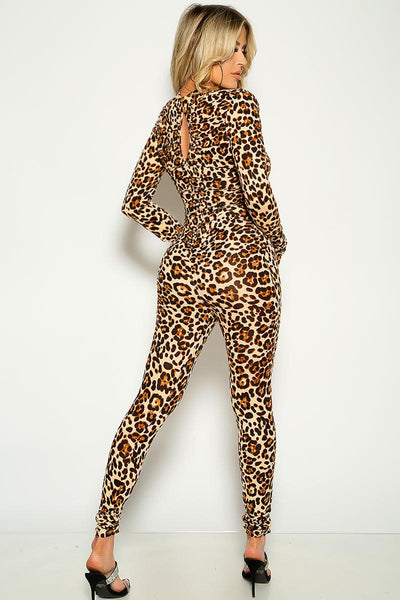 Leopard Print Long Sleeves Ruched Jumpsuit - AMIClubwear