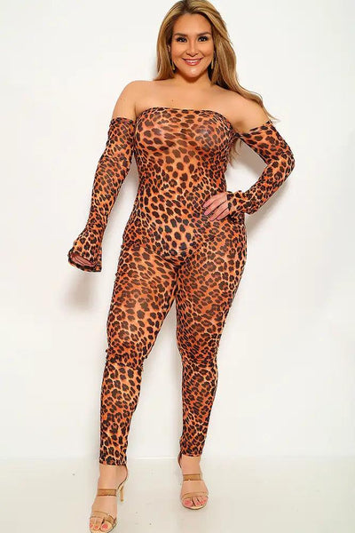 Leopard Print Mesh Off The Shoulder Plus Size Jumpsuit - AMIClubwear