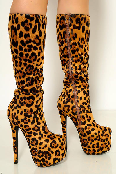 Leopard Print Mid Calf Zip Up Platform Boots - AMIClubwear