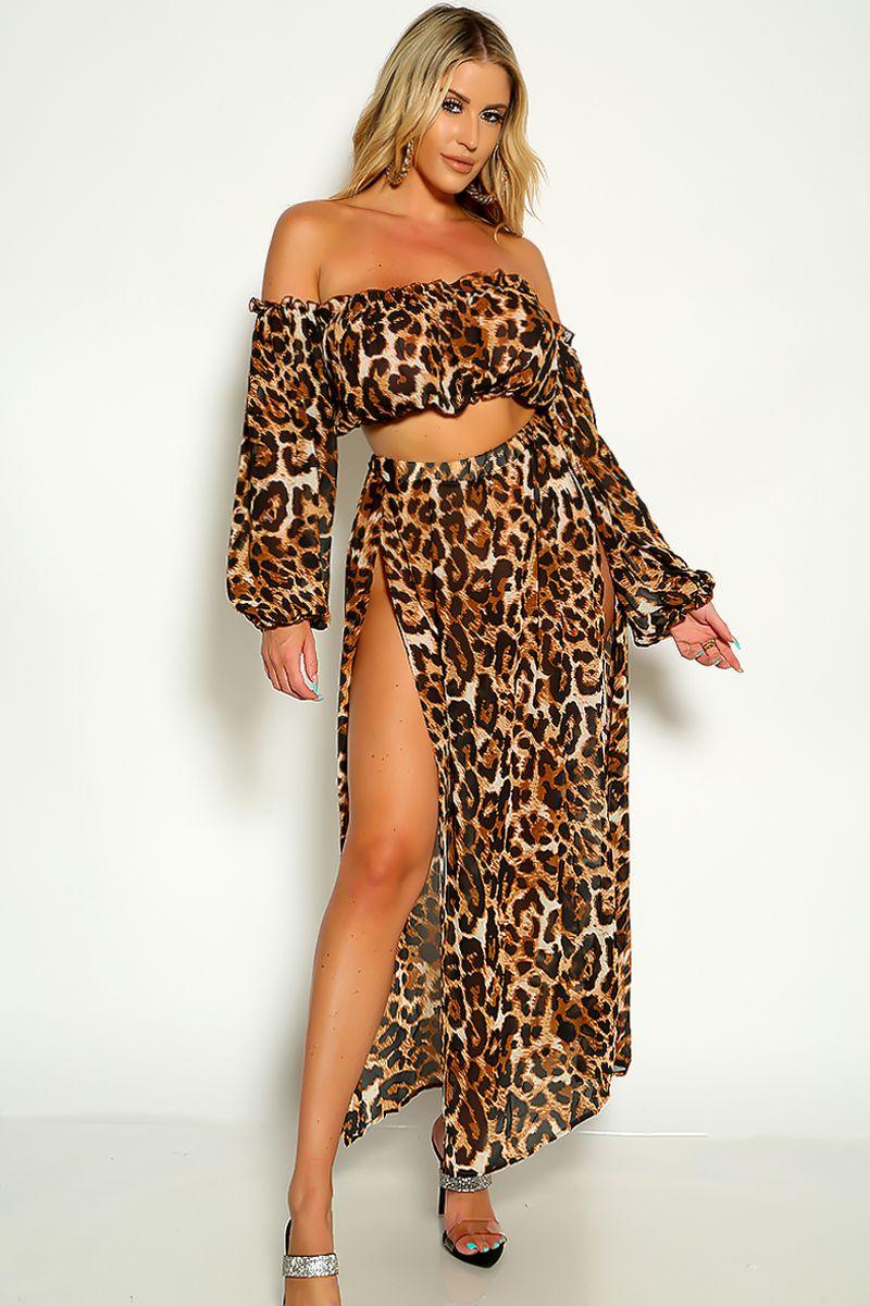 Leopard Print Off The Shoulder Cropped Maxi Two Piece Dress - AMIClubwear