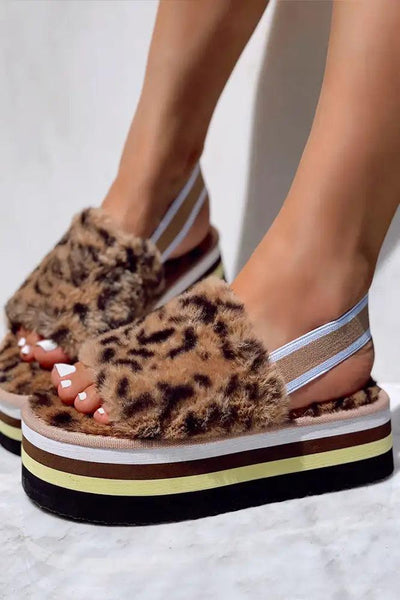 Leopard Print Open Toe Platform Faux Fur Sandals - AMIClubwear