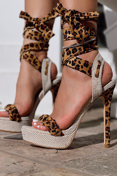 Leopard Print Open Toe Platform Lace Up High Heels - AMIClubwear