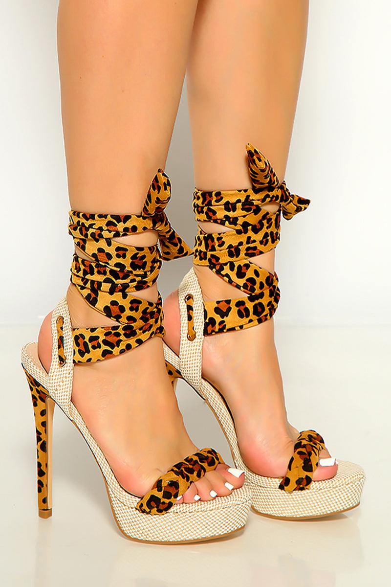 Leopard Print Open Toe Platform Lace Up High Heels - AMIClubwear