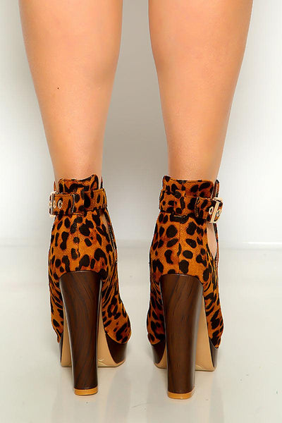 Leopard Print Peep Toe Faux Suede Chunky Platform Booties - AMIClubwear