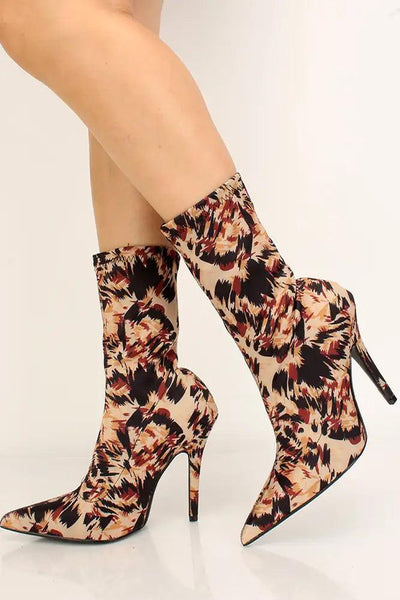 Leopard Print Pointy Toe Mid Calf Heel Booties - AMIClubwear