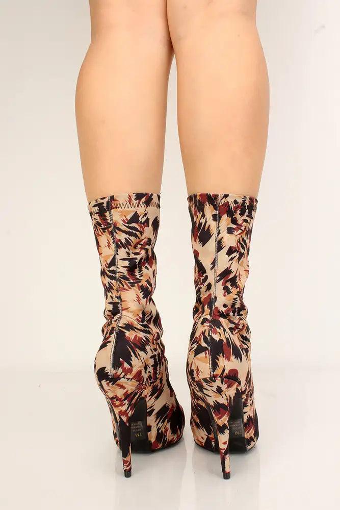 Leopard Print Pointy Toe Mid Calf Heel Booties - AMIClubwear