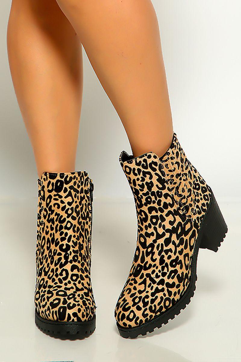 Leopard Print Slip On Rubber Sole Chunky Heel Boots - AMIClubwear
