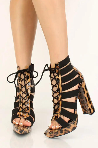 Leopard Print Strappy Lace Up Chunky Heels - AMIClubwear