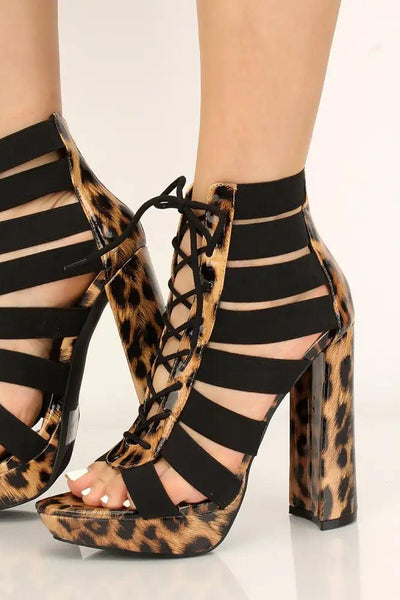 Leopard Print Strappy Lace Up Chunky Heels - AMIClubwear