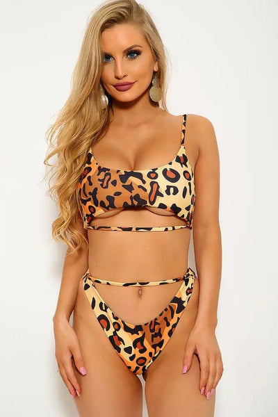 Leopard Print Two Piece Cut Out Strappy Swimsuit - AMIClubwear