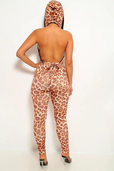 Leopard Print V-Cut Hoodie Jumpsuit - AMIClubwear