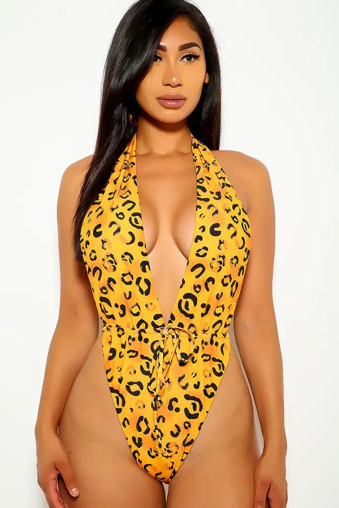 Leopard Print V-Cut One Piece Swimsuit - AMIClubwear