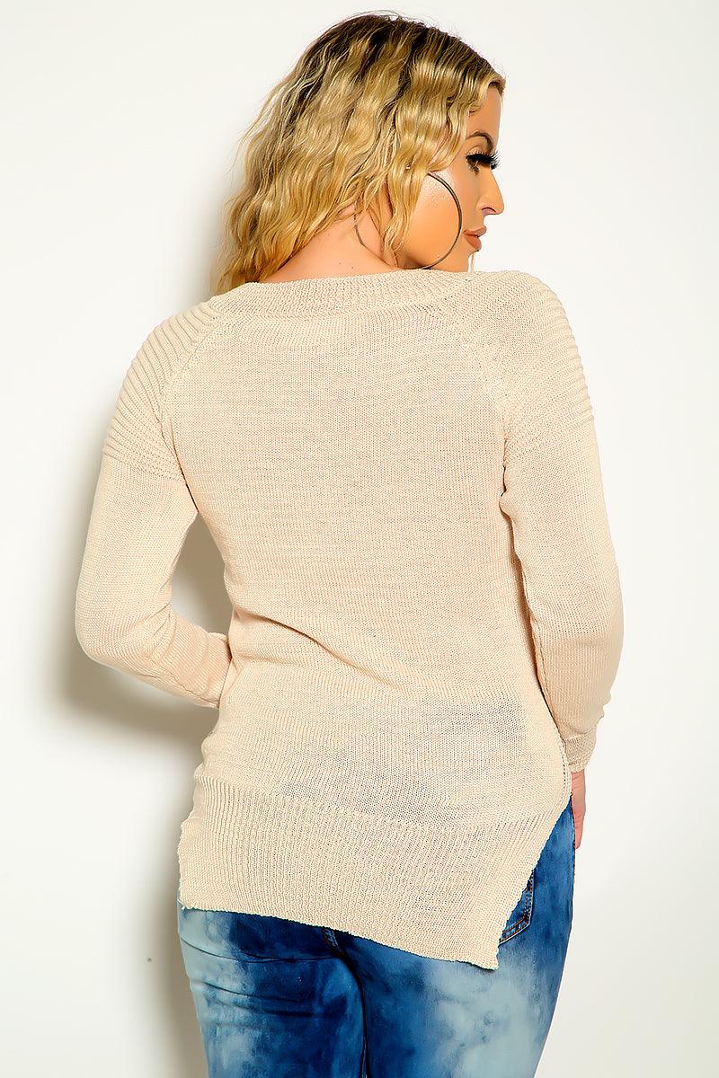 Light Beige Side Slit Long Sleeve Drawstring Knitted Sweater - AMIClubwear