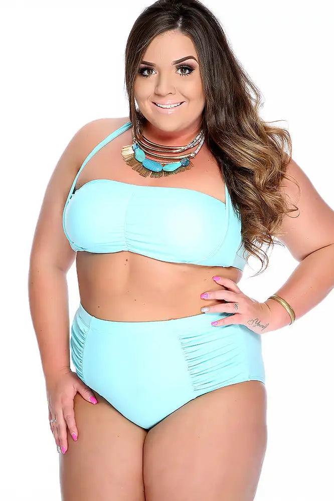 Light Blue Bold Halter Top Ruched High Waist Two Piece Swimsuit Plus - AMIClubwear