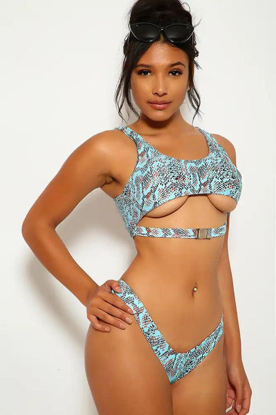 Light Blue Brown Snake Animal Print Two Piece Swimsuit - AMIClubwear